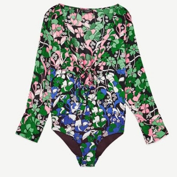 NWT Zara Double Tie Front Floral Bodysuit Plunge Neckline Size Small - Picture 3 of 9